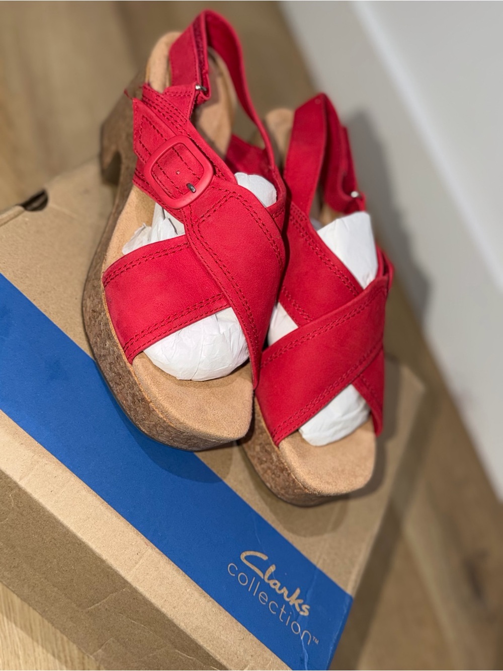 Clarks Collection Bright Red Crisscross Slingback Wedge Sandals Size 9